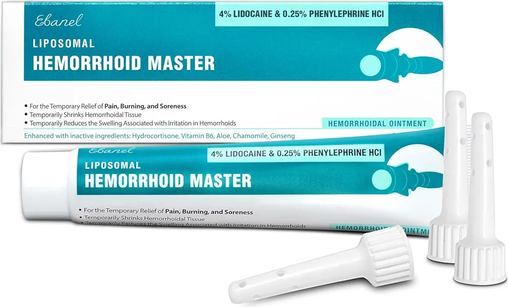 Ebanel 4% Lidocaine Hemorrhoid Treatment Ointment with Phenylephrine, Hydrocortisone, Vitamins B6, D3, E, Zinc Oxide, External and Internal Hemorrhoids Treatment Burn Itch Pain Relief Anal Cream