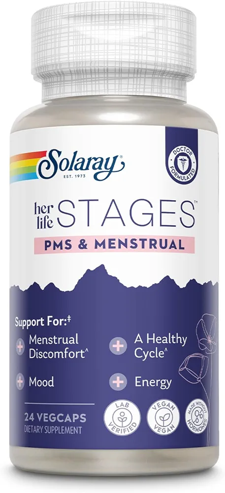 Solaray PMS & Menstrual her life STAGES - PMS Support Supplement for Women with Cramp Bark, Vitex Chasteberry - Made Without Hormones - 60-Day Guarantee - Vegan, Lab Verified - 24 Servings, 24 VegCaps