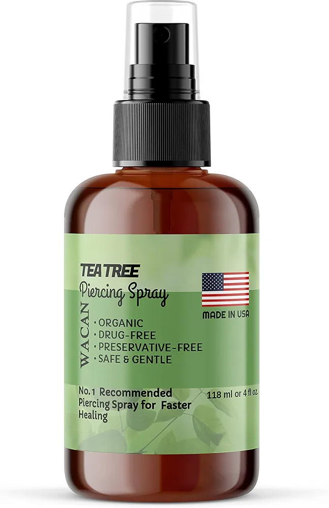 WACAN FAST-HEALING TEA TREE PIERCING SPRAY SOLUTION Organic Essential Oil with Natural Sea Salts and Vitamins Solution Aftercare (4 OZ, PERSONAL SIZE)