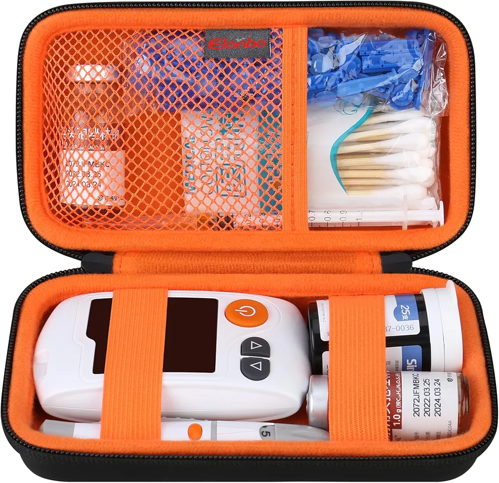 Diabetic Supplies Travel Case, Diabetic Supply Organizer Bag, Glucose Meter Storage Case, Insulin Pen Carrying Case for Glucose Monitor, Blood Sugar Test Strips, Lancets, Syringe, Black+Orange