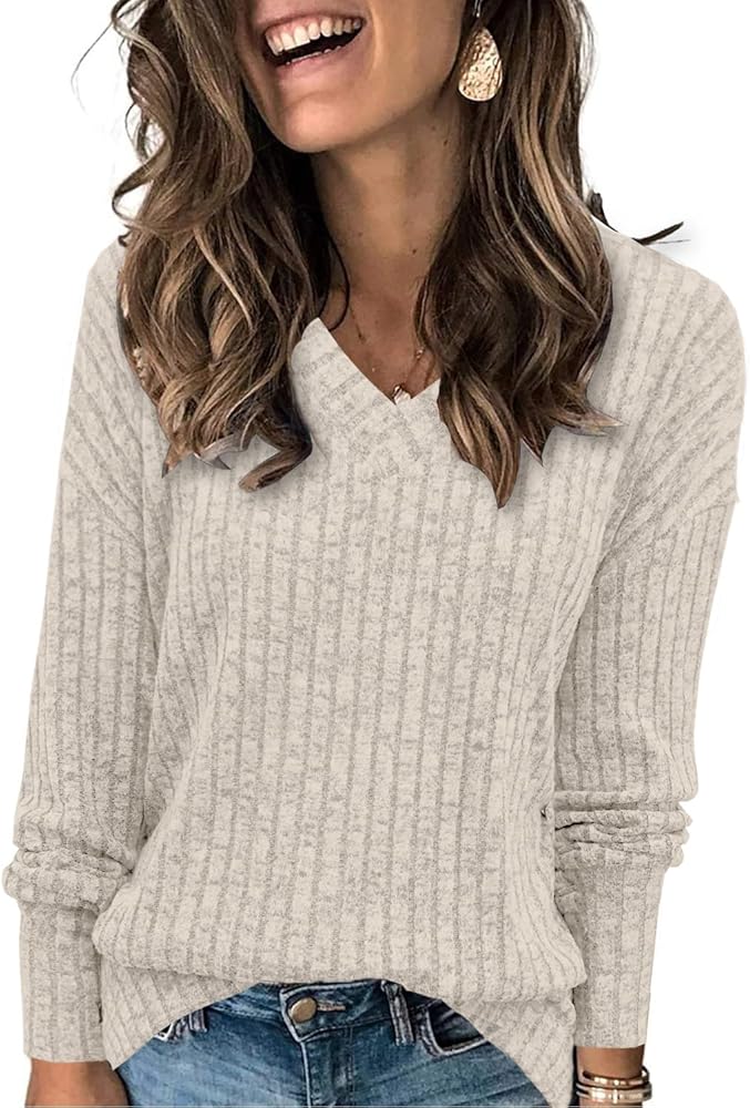 Heymiss Womens Sweatshirts V Neck Long Sleeve Shirts Loose Casual Fall Fashion Sweaters S-2XL