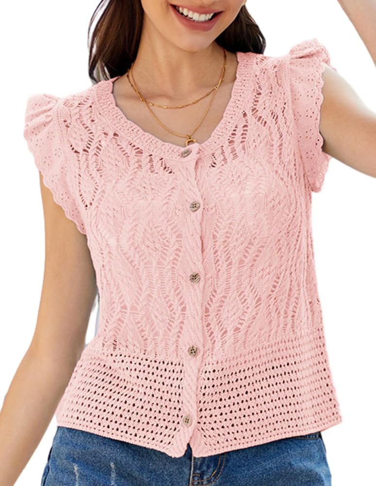 GRACE KARIN Crochet Cropped Cardigan Sweater Vest Ruffle Sleeve Lace Button Up Lightweight Bolero Shrugs for Dress Top 2024