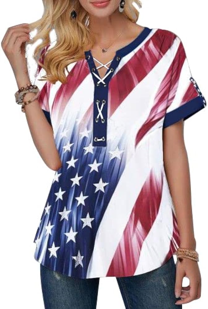 American Flag Shirt Tops Women 4th of July T-Shirts Ring Hole Star Stripes USA Short Sleeve V-Neck Patriotic Tees