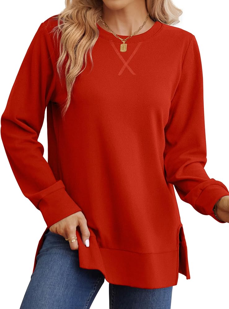 Saloogoe Sweatshirt for women Side Split Fall Fashion 2023 Long Sleeve Shirts Trending Now