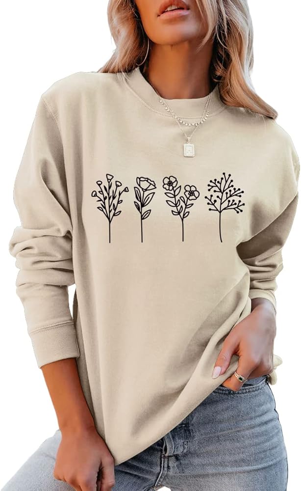 JBF Cloth Flower Sweatshirt Womens 80s Vintage Minimalistic Floral Printed Long Sleeves Sweatshirt Pullovers Tops