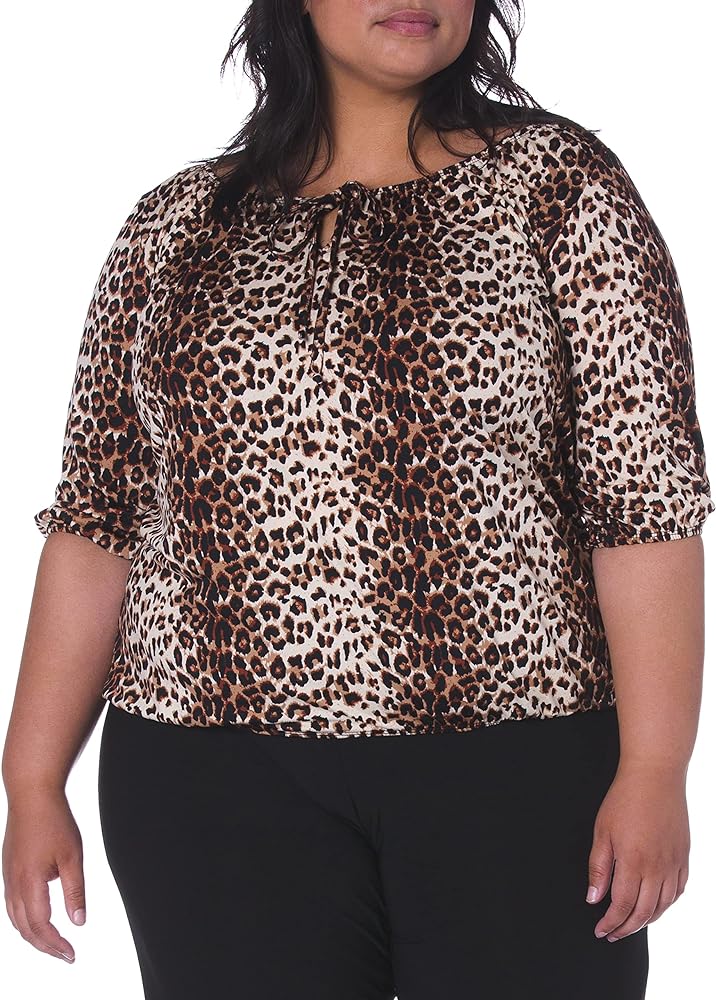 Star Vixen womens Plus-size 3/4 Sleeve Peasant Top With Keyhole Tie and Elastic Bottom Hem fashion t shirts, Leopard, 1X US