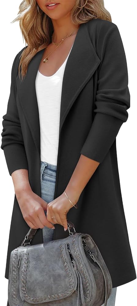 ZOLUCKY Womens 2024 Fall Open Front Knit Cardigan Long Sleeve Lapel Coat Casual Solid Classy Sweater Jacket S-3XL