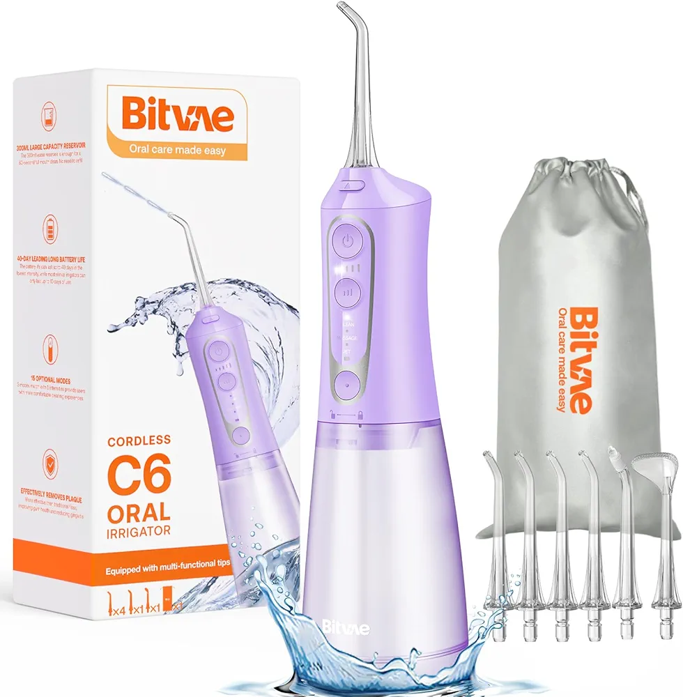 Bitvae C6 Water Flosser Teeth Picks, Cordless Water Dental Flosser for Travel with 6 Jet Tips, 15 Care Settings, IPX7 Waterproof Portable & Rechargeable Water Teeth Cleaner Picks, Purple