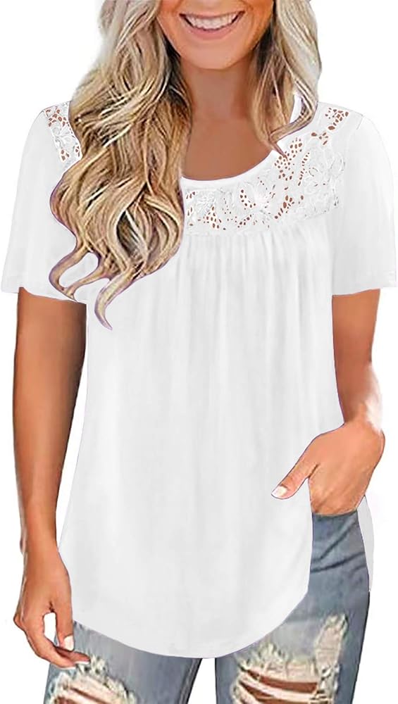 Womens Summer Plus Size Tops Blouses Short Sleeve Shirts Lace Pleated Tunic Tops M-4XL