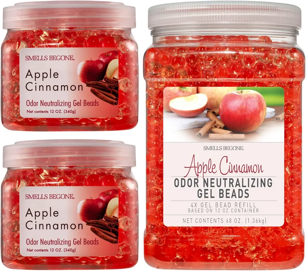 SMELLS BEGONE Odor Eliminator Gel Bead Value Pack Bundle - Air Freshener - Apple Cinnamon Scent - 2 Pack 12 Ounce + 48 Ounce Refill