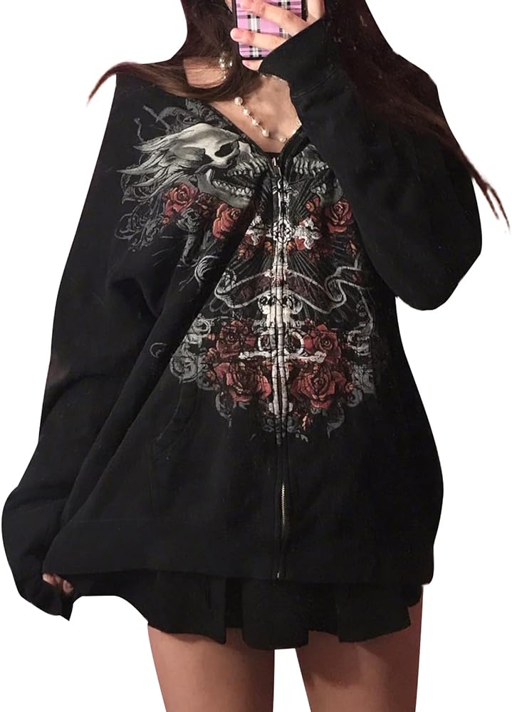 Women Y2K Skull Hoodie Graphic Zip Up Grunge Aesthetic Hoodies Casual Vintage Oversized Sweatshirt Harajuku Jacket