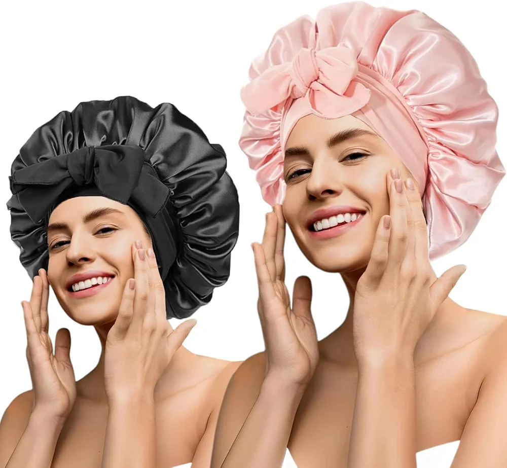 2Pc Bonnet Satin Silk Hair Bonnet With Tie Band for Sleeping Large Bonnets Hair Wrap with Adjustable Straps Hair Shower Cap Sleep Caps for Women Curly Braid Hair(pink+black)