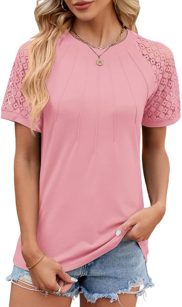 Womens T-Shirts Trendy Tops Lace Short Sleeve Shirts Crewneck Pleated Blouses Tee Shirts Tunic Dressy Tops for Women 2024