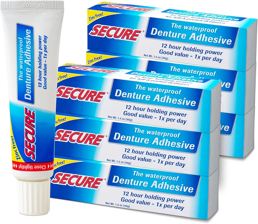 Secure Denture Adhesive Cream – 12-Hour Max Hold – Patented Waterproof Seal – Zinc Free – for Uppers Lowers & Partials – Food Grade Ingredients – FSA HSA Approved – 1.4 oz (6 Pack)