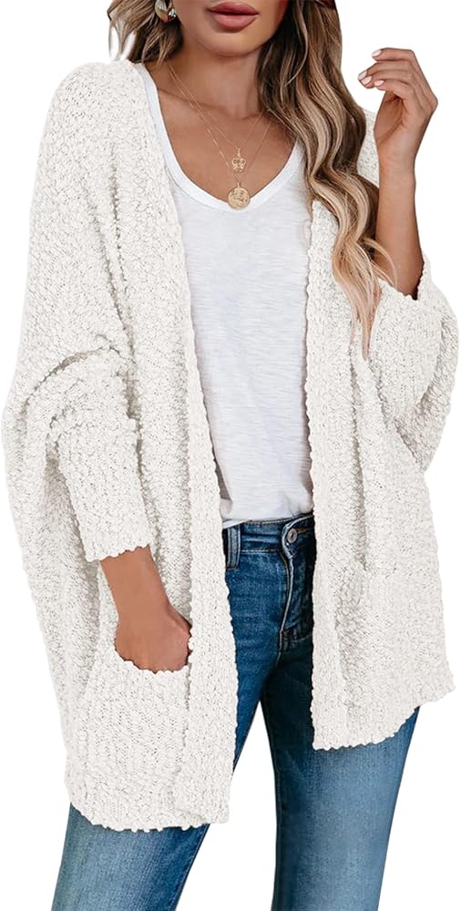 Saodimallsu Women's Chunky Popcorn Cardigan Oversized Open Front Boyfriend Batwing Long Sleeve Fuzzy Knit Sweaters