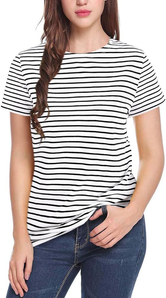 LilyCoco Women's Short Sleeve Striped Shirt Tops Crewneck T-Shirt Basic Tees