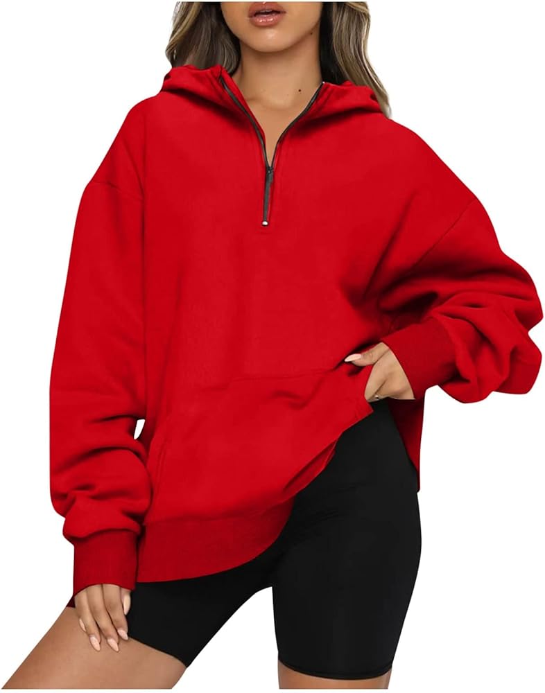 COTECRAM Fall Fashion for Women 2023 Oversized 1/4 Zip Pullover Tops Long Sleeve Casual Y2k Hoodie Sweater Cute Crewneck Sweatshirts Y2k Women Clothing Trendy Hoodies For Women Aesthetic(C Red,Large)