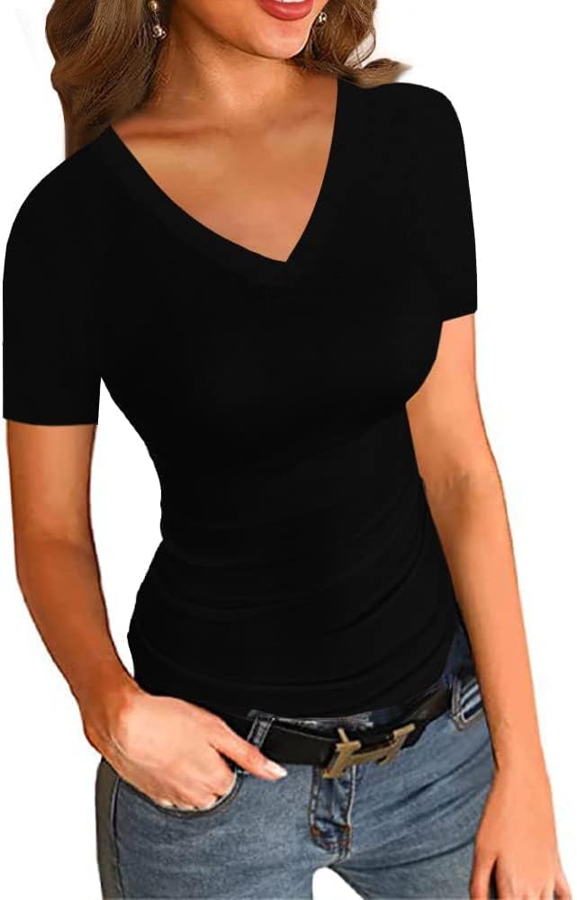 Womens Crewneck Short Sleeve Ribbed T-Shirt Slim Fit Tops Solid Basic Tee