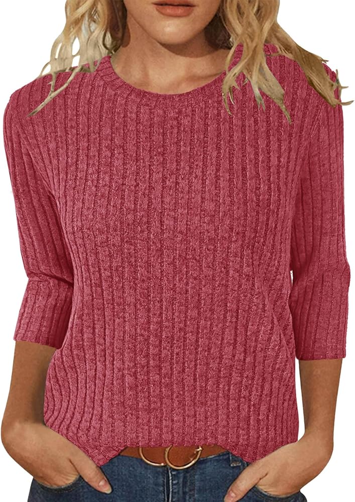 JomeDesign Sweaters for Women 3/4 Sleeve Tops Round Neck Loose Casual Blouses