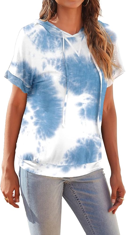 DEARCASE Womens Casual Tunic Tops Short Sleeve Tie Dye Shirts Drawstring Pullover Hoodie