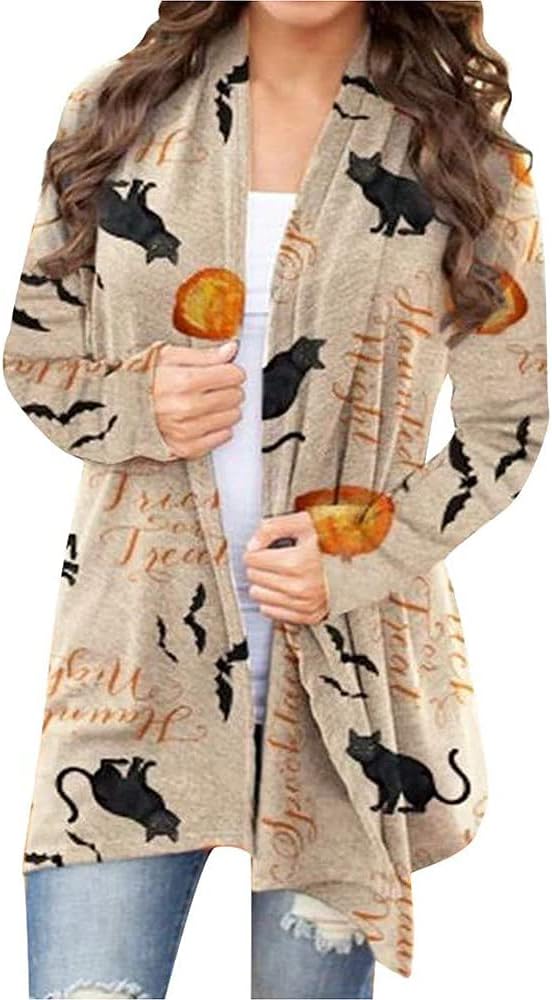 Women's Halloween Cardigan Pumpkin Cat Long Sleeve Open Front Knitted Sweater Outwear Coat Tops Knitting Clothes