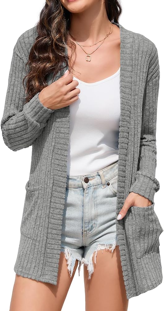 HIYIYEZI Womens Long Sleeve Cardigan Open Front Casual Knit Sweaters Coat Soft Outwear with Pockets