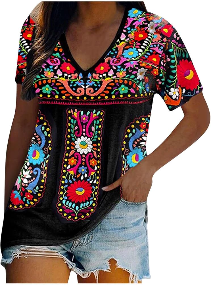 Ceboyel Mexican Shirts for Women Embroidered Peasant Blouses Top V Neck Short Sleeve T Shirts Vintage Bohemian Boho Clothes