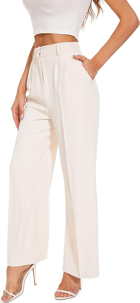 Women's Wide Leg High Waist Wide Leg Pants Loose Fit Back Elastic Waist Pleated Front Trousers for Work Casualÿ