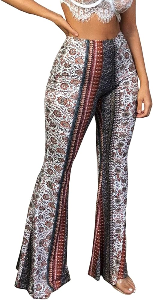 GUOLEZEEV Women High Waisted Flare Leggings Bohemian Print Flowy Pants Bell Bottom