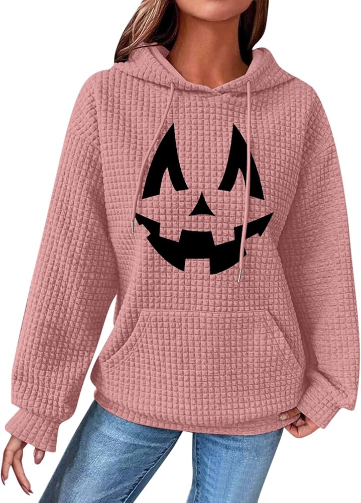 Womens Long Sleeve Workout Shirt Fashion Loose Halloween Printed Hooded Pullover Long Sleeve Patchwork Sweatshirt