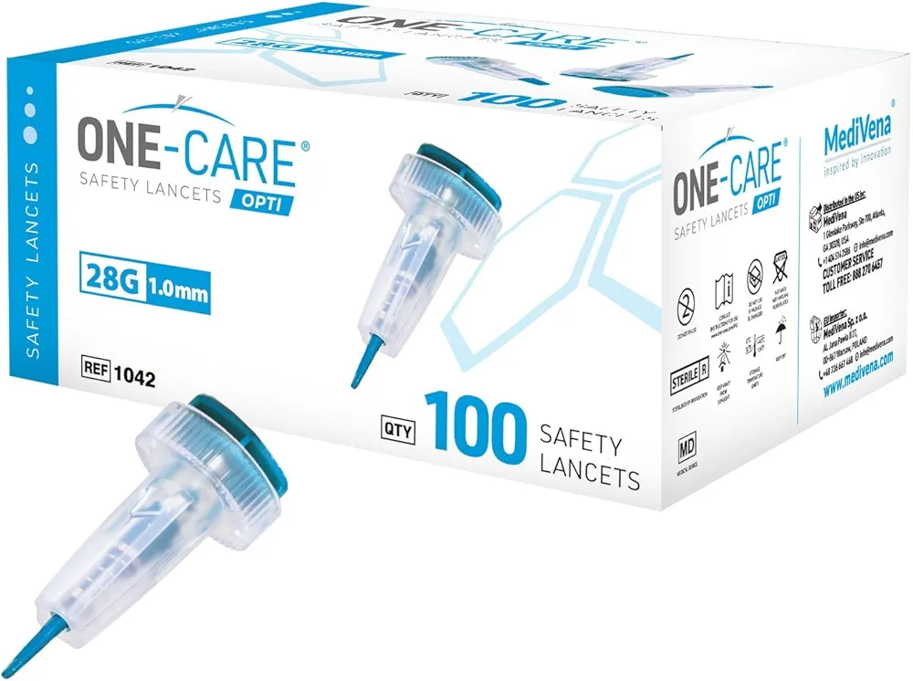 ONE-CARE OPTI Safety Lancets Top Button Activated 28G x 1.0mm, MiniFlow, Gentle, 100/bx