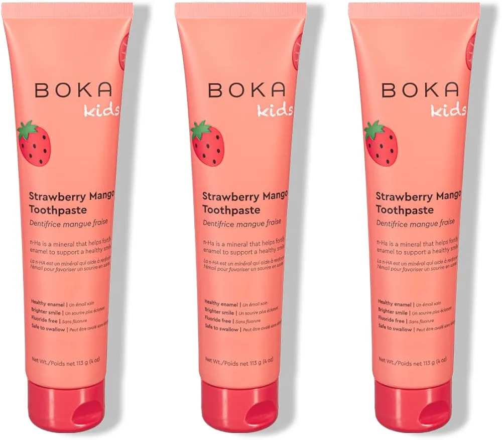 Boka Fluoride Free Toothpaste- Nano Hydroxyapatite, Remineralizing, Sensitive Teeth, Whitening- Dentist Recommended for Adult, Kids Oral Care- Strawberry Mango Flavor, 4oz 3Pk