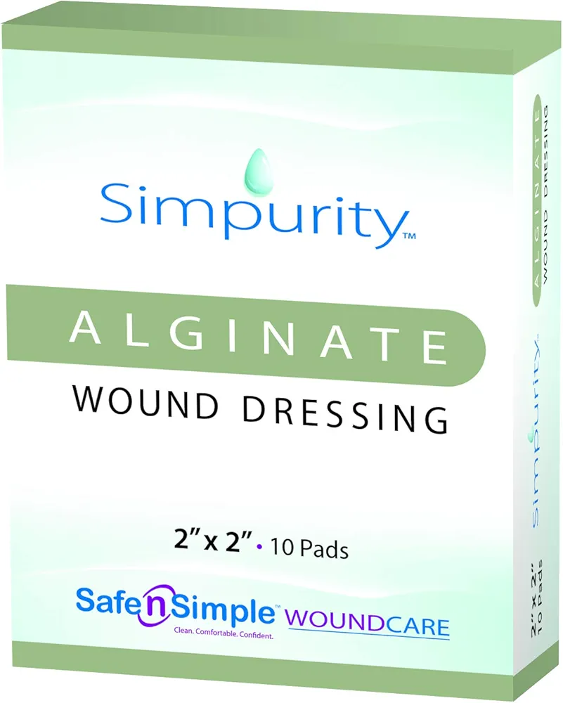 Calcium Alginate Wound Dressing 2" x 2" -Simpurity- Individual Thick Pads Antimicrobial Alginate Dressing Fiber Padding Medical Wound Care Products for Bed Sore-Pressure Sore-Leg Ulcer-Diabetic Foot