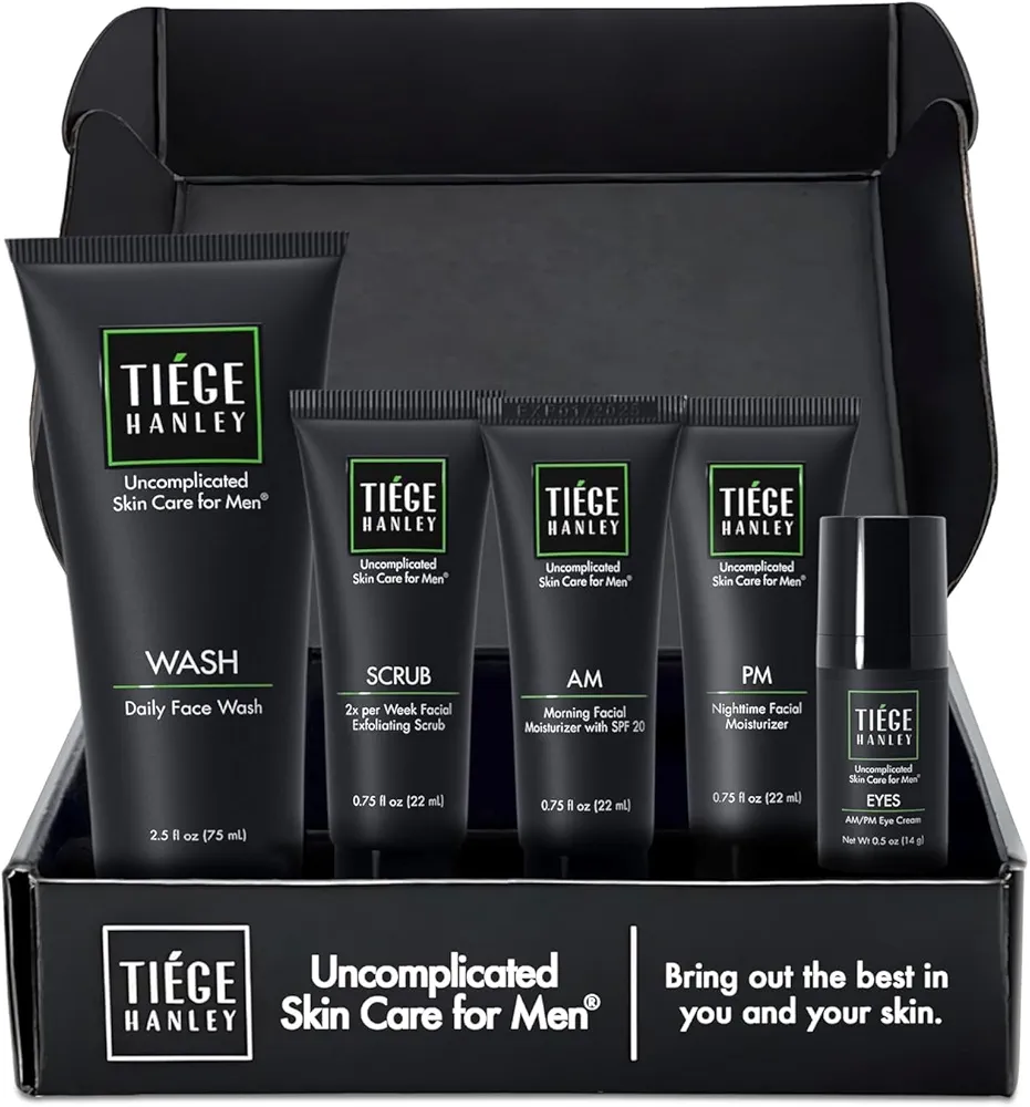 Tiege Hanley Mens Skin Care Set, Advanced Skin Care Routine for Men (System Level 2) - Face Wash Kit for Fines Lines - Men's Skincare Set Includes Face Wash, Facial Scrub, Moisturizer, & Eye Cream