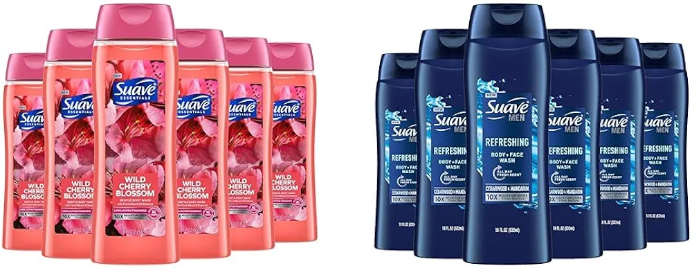 Suave Body Wash Pack of 6, Cherry Blossom and Men's Cedarwood, 18 Oz, With Vitamin E and 10X More Moisturizers