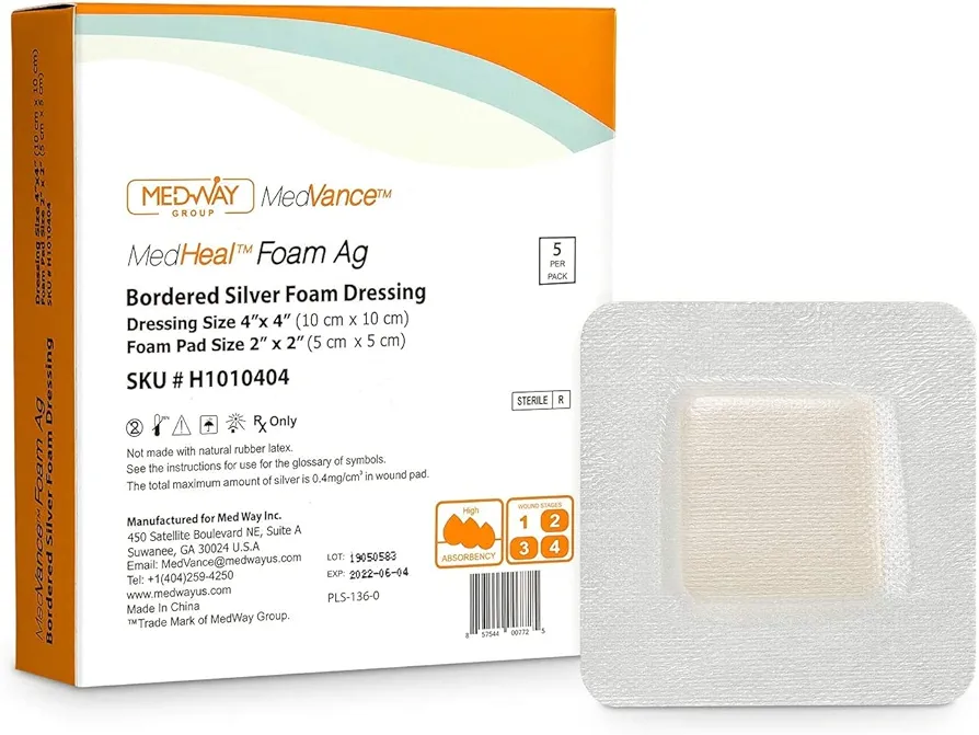 Bordered Silver Foam Ag Sterile Highly Absorbent Antibacterial Dressing, 4"x 4" (2"x 2" Pad), 5 dressings/Box, MedHeal by MedvanceTM