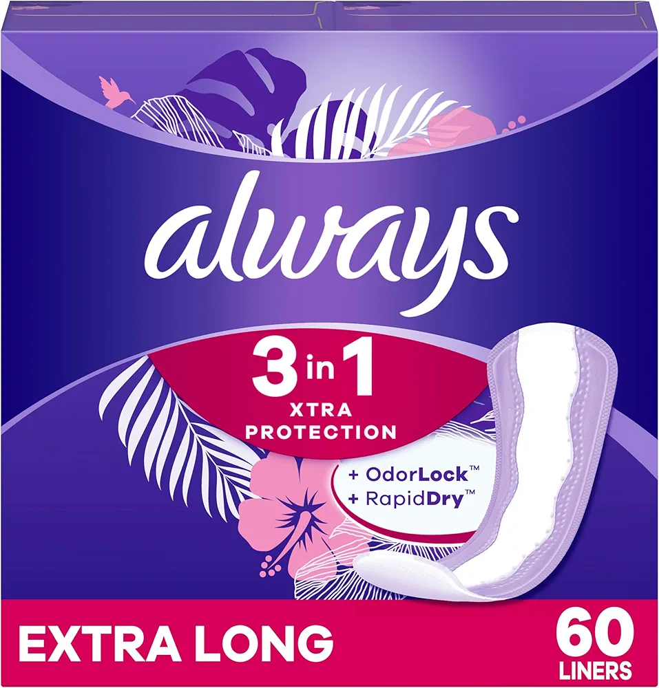 Always Xtra Protection 3-in-1 Daily Liners for Women, Extra Long, 60 CT (Packaging May Vary)