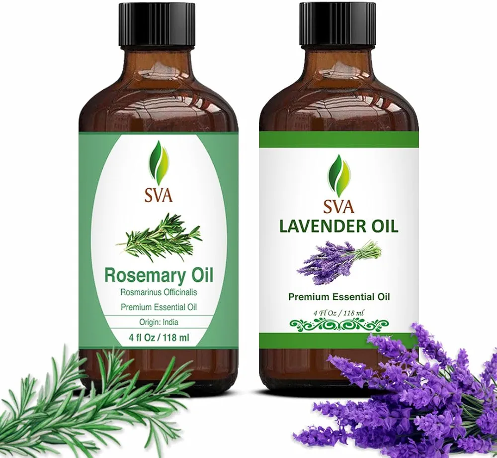 SVA Rosemary Essential Oil 4oz and Lavender Essential Oil 4oz Bundle Super Saver Combo – Premium Grade Value Set for Hair Oiling, Scalp Massage, Hair Care, Skin Care, Body Massage and Aromatherapy