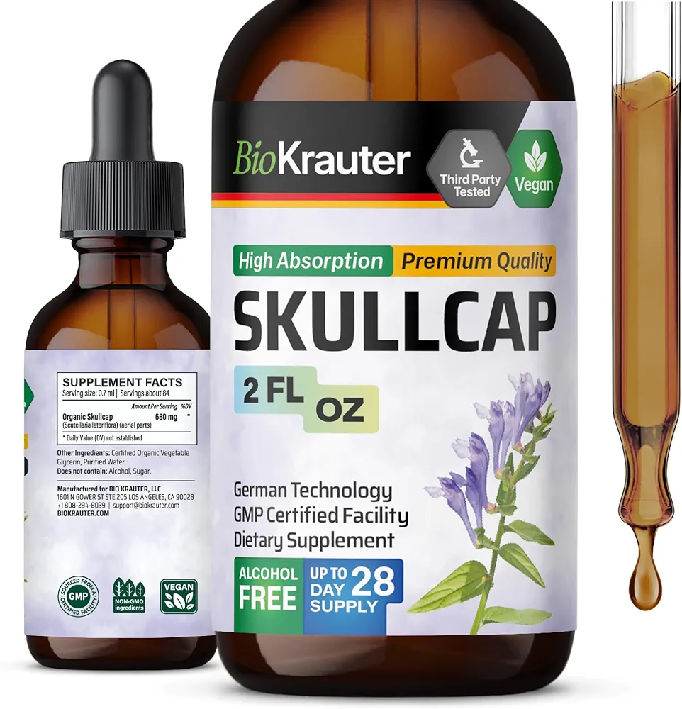 Skullcap Herb Tincture - Organic Scutellaria Lateriflora Liquid Extract - Nervous System Support Supplement - Alcohol and Sugar Free - Vegan Drops 2 Fl.Oz.