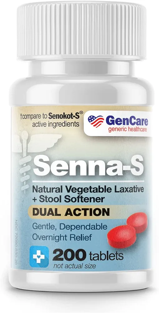 GenCare - Senna-S Natural Vegetable Laxative Plus Stool Softener Dual Action (200 Tablets) Value Pack | Gentle Dependable Overnight Relief of Occasional Constipation Generic for Senokot-S