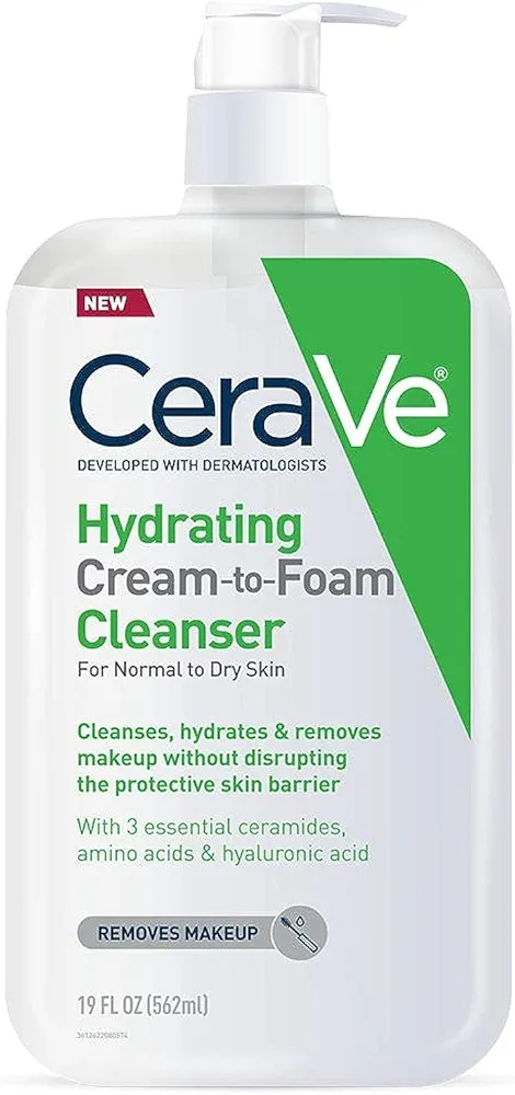 CeraVe Hydrating Cream To Foam Cleanser | Makeup Remover Face Wash For Dry Skin | Foaming Facial Cleanser With Hyaluronic Acid | Normal To Dry Skin | Fragrance Free & Non Comedogenic | 19 Fluid Ounce