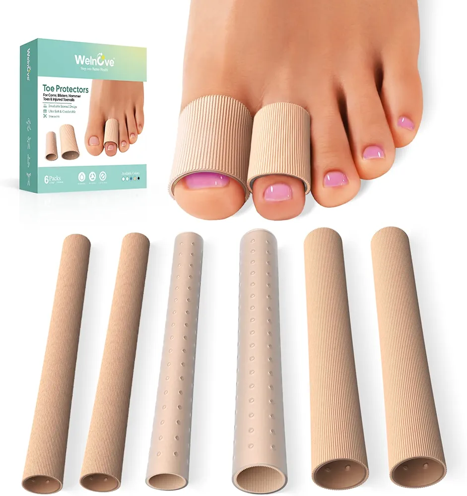 Welnove Cuttable Toe Tubes Sleeves - 6 Pack Toe Protectors for Corns, Calluses, Blisters - Fabric & Breathable Gel Lining Toe Sleeve Protectors Relief Toe Pressure Pain