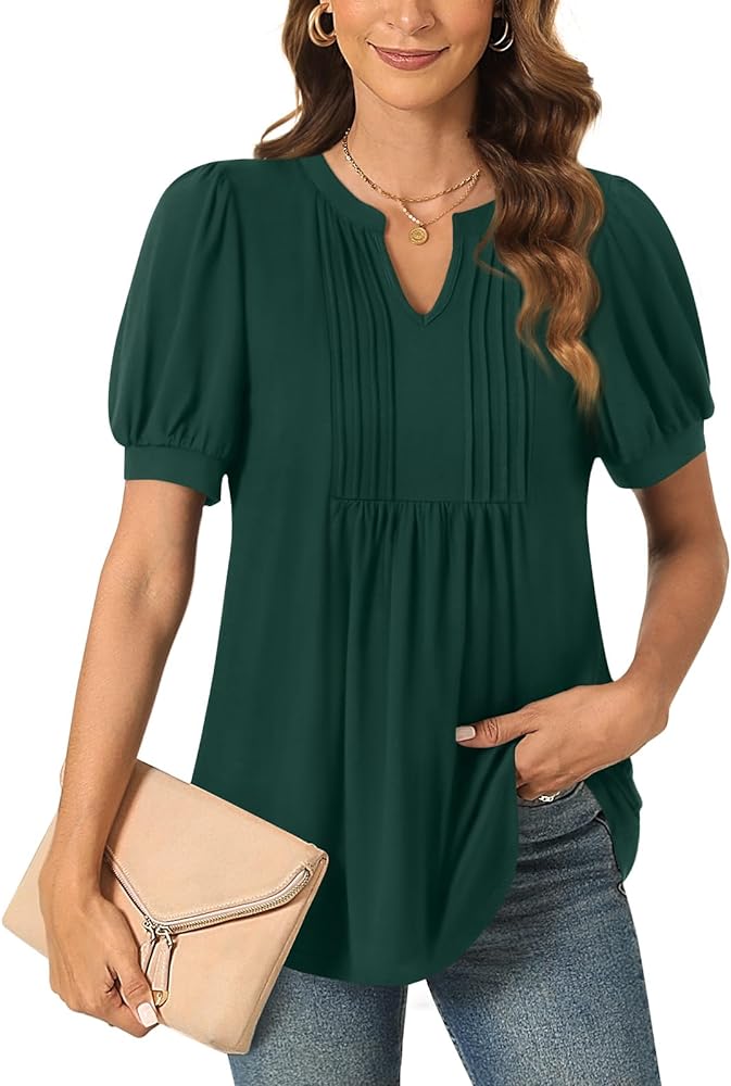 Anyally Womens 2024 Summer/Spring Dressy Casual Blouse Puff Short Sleeve Tunic Tops Pleated T-Shirts for Work