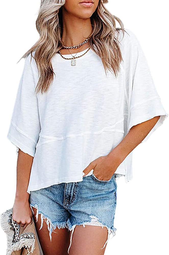 Women's Fashion Casual T Shirt Round Collar 3/4 Sleeve Plain Color Tees Summer Tops Blouses