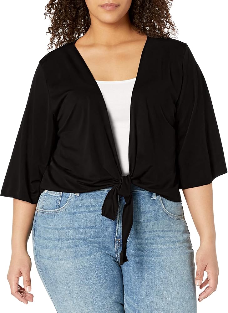 Star Vixen Women's Plus Size 3/4 Sleeve Tiefront Shrug