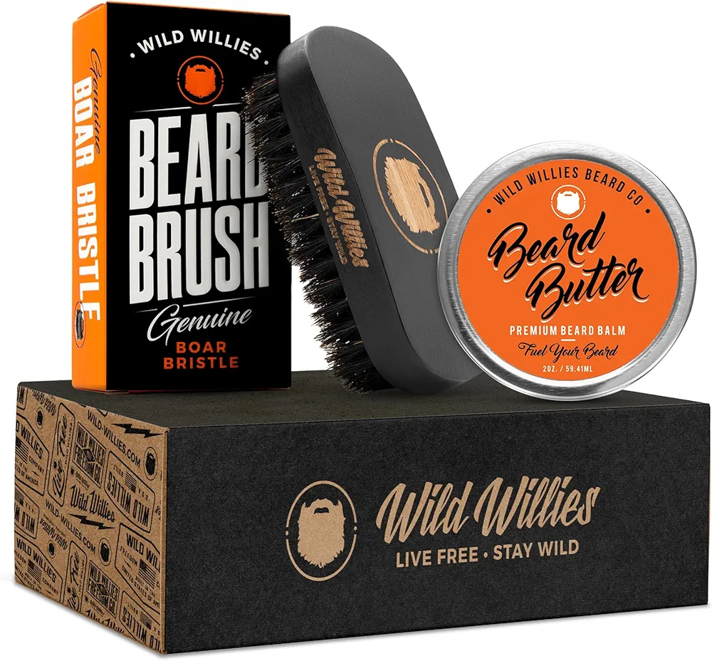 Wild Willies Beard Brush & Beard Balm Leave-In Conditioner Kit, Boar Bristles, Travel Size, Ergonomically-Designed Handle, Promotes Fast Beard Growth & Removes Itch