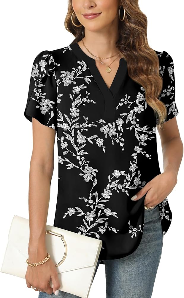 Anyally Women's V Neck Short Sleeve Chiffon Blouses Casual Shirts Flowy Tunics Tops