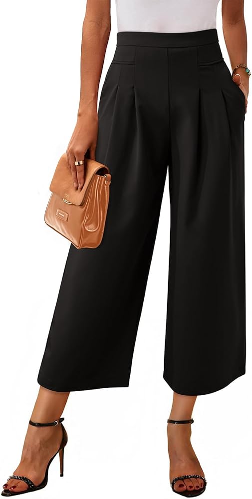 Dokotoo Womens Wide Leg Cropped Suit Pants Work Business Palazzo Summer Pleated Waisted Side Zipper Up Trousers with Pockets