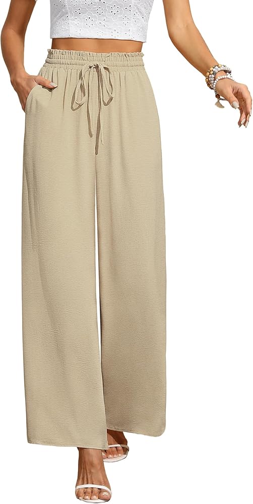 CZYINXIAN Women's Casual Wide Leg Pants Flowy Adjustable Tie Knot Elastic Waist Pants with Pockets