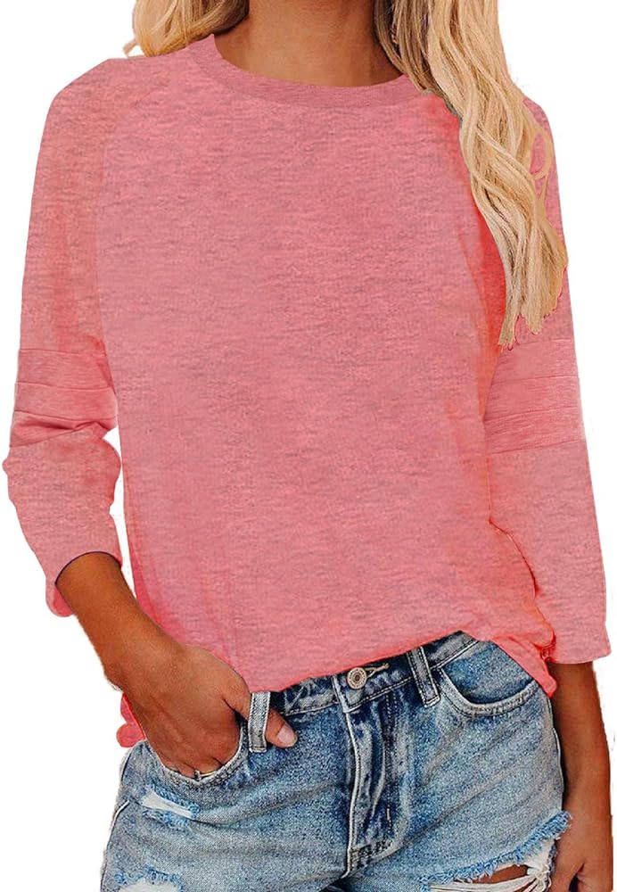 Womens 3/4 Sleeve Shirts Patchwork Blouse Fashion Crewneck Tops Solid Tee Casual Comfy T-Shirt